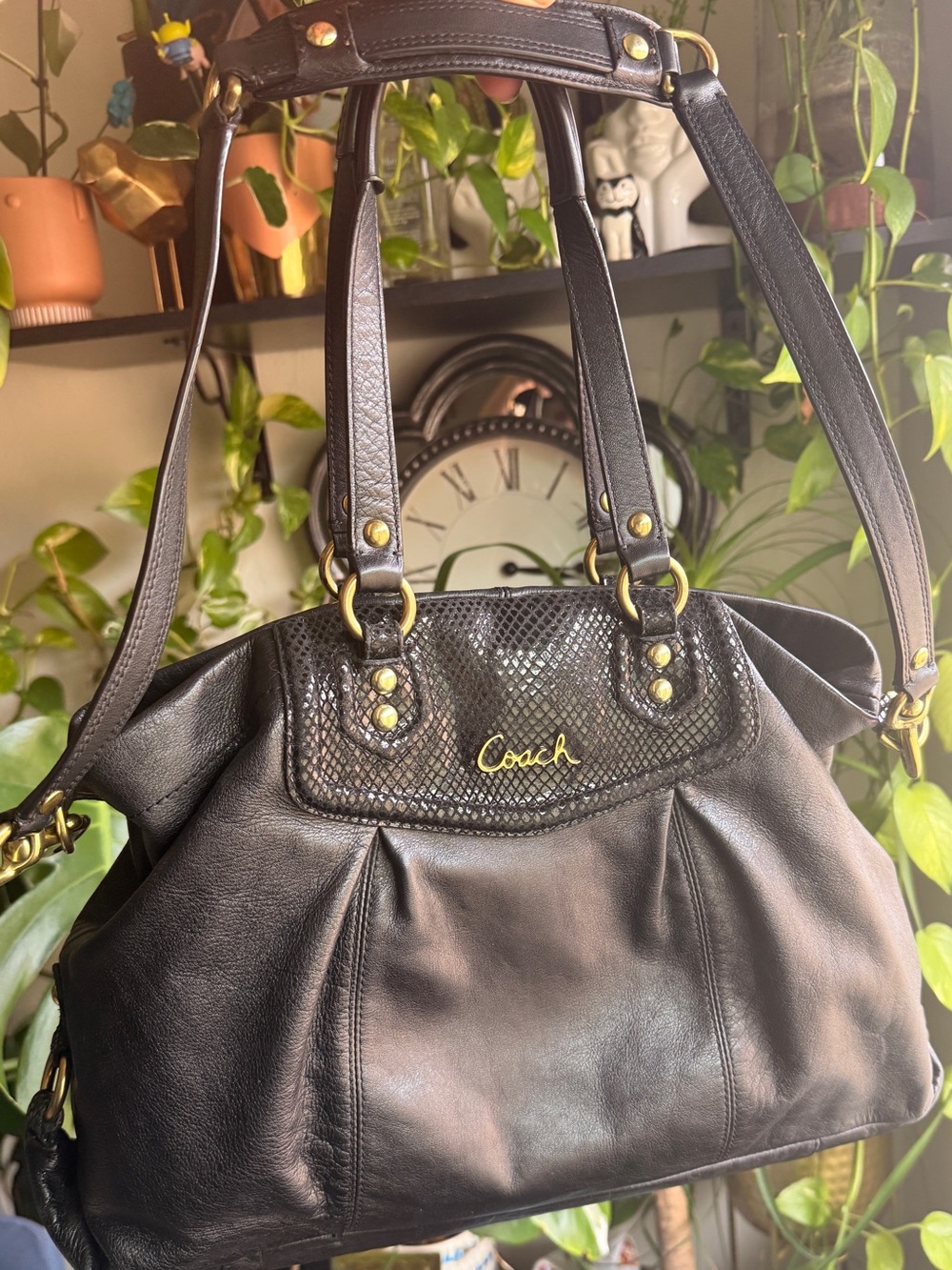 Coach Carryall Ashley F19243 Vermillion Purse Satchel Black Cowhide Leather Bag